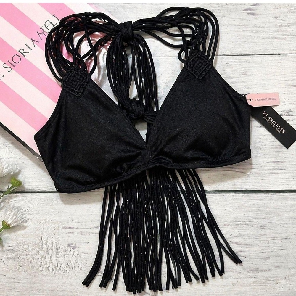 Victoria's Secret Archives Black Fringe Bikini Top S Strappy Halter Swim Top NWT